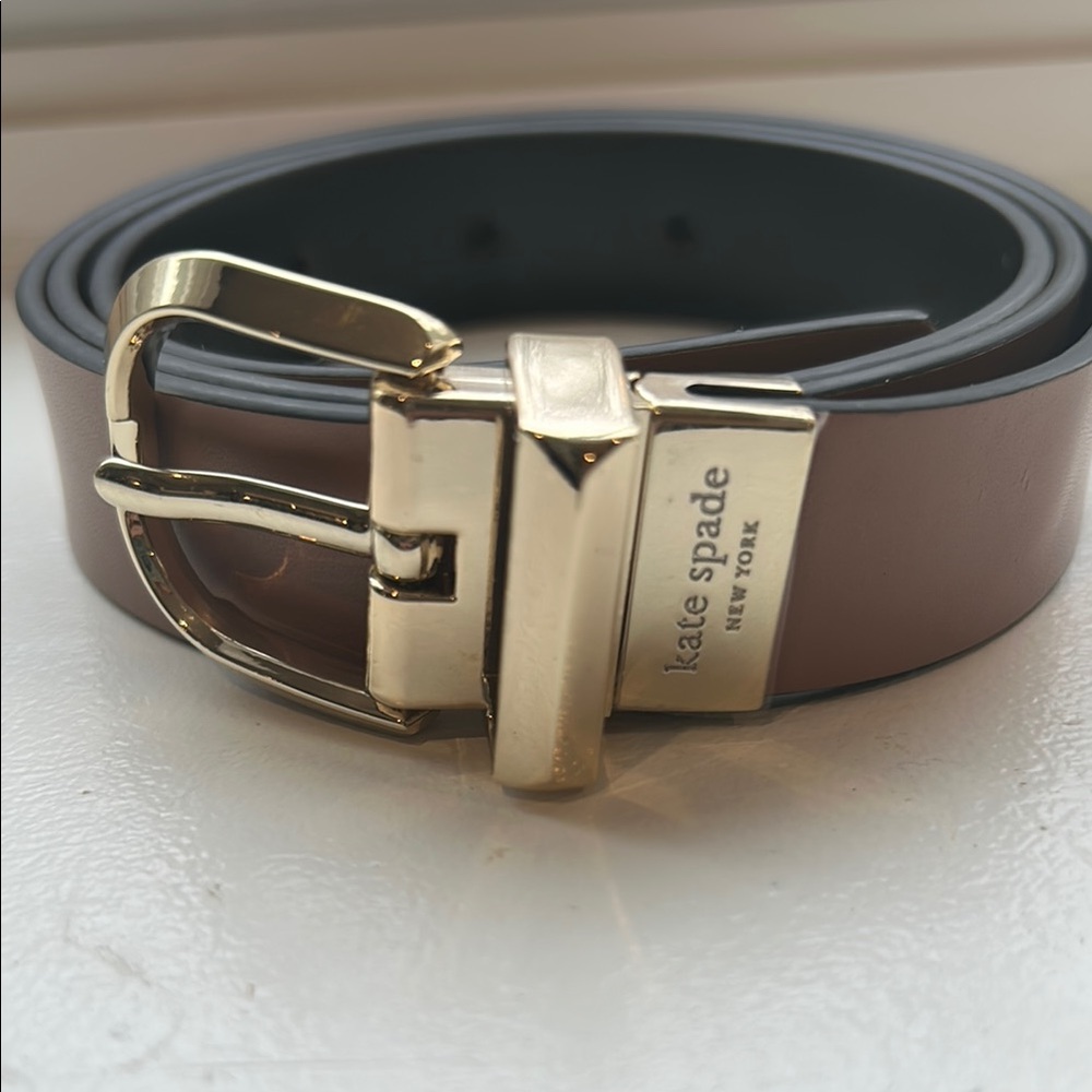 Kate Spade Taupe Brown/Black Reversable Belt with Gold Buckle